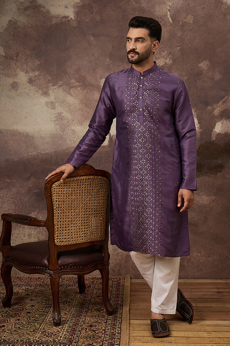 Purple Silk Blend Embroidered Sequins Straight Kurta with Trouser | SHOBITAM