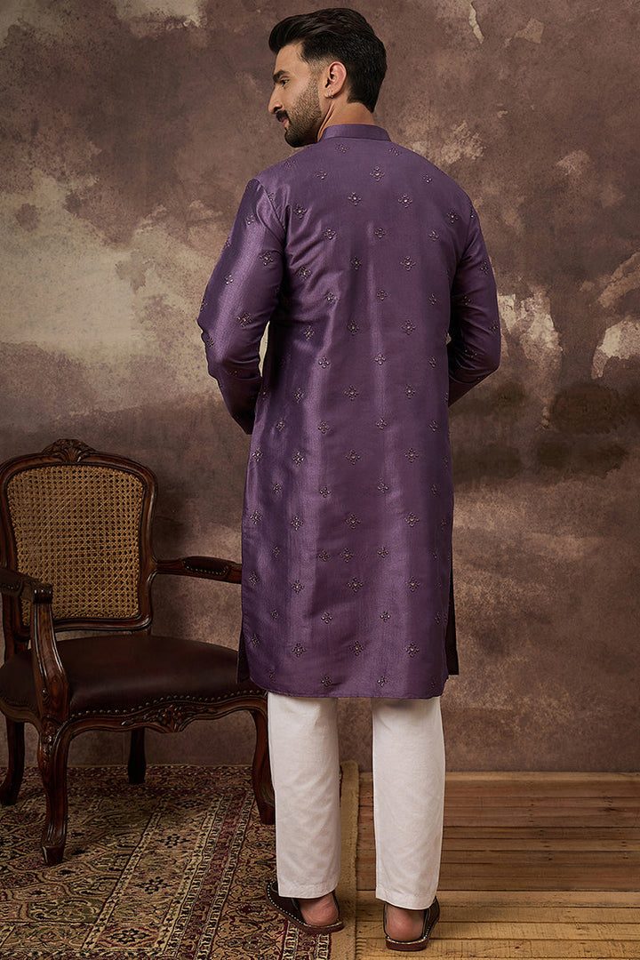 Purple Silk Blend Embroidered Sequins Straight Kurta with Trouser | SHOBITAM