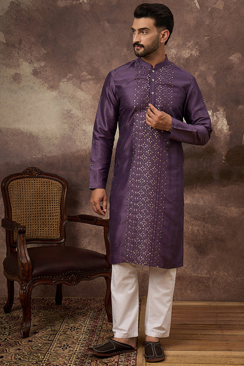 Purple Silk Blend Embroidered Sequins Straight Kurta with Trouser | SHOBITAM