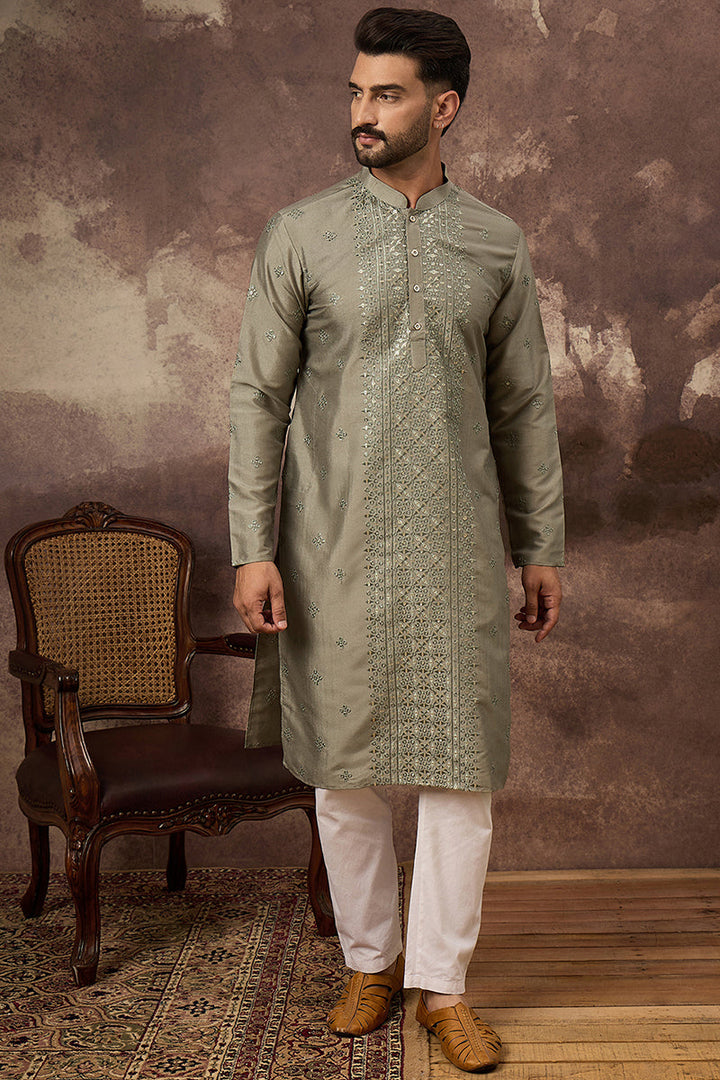 Green Silk Blend Solid Embroidered Straight Kurta with Trouser | Shobitam