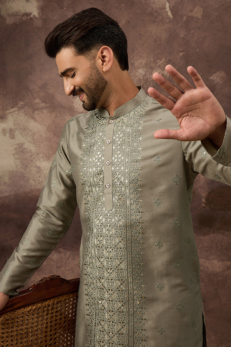 Green Silk Blend Solid Embroidered Straight Kurta with Trouser | Shobitam