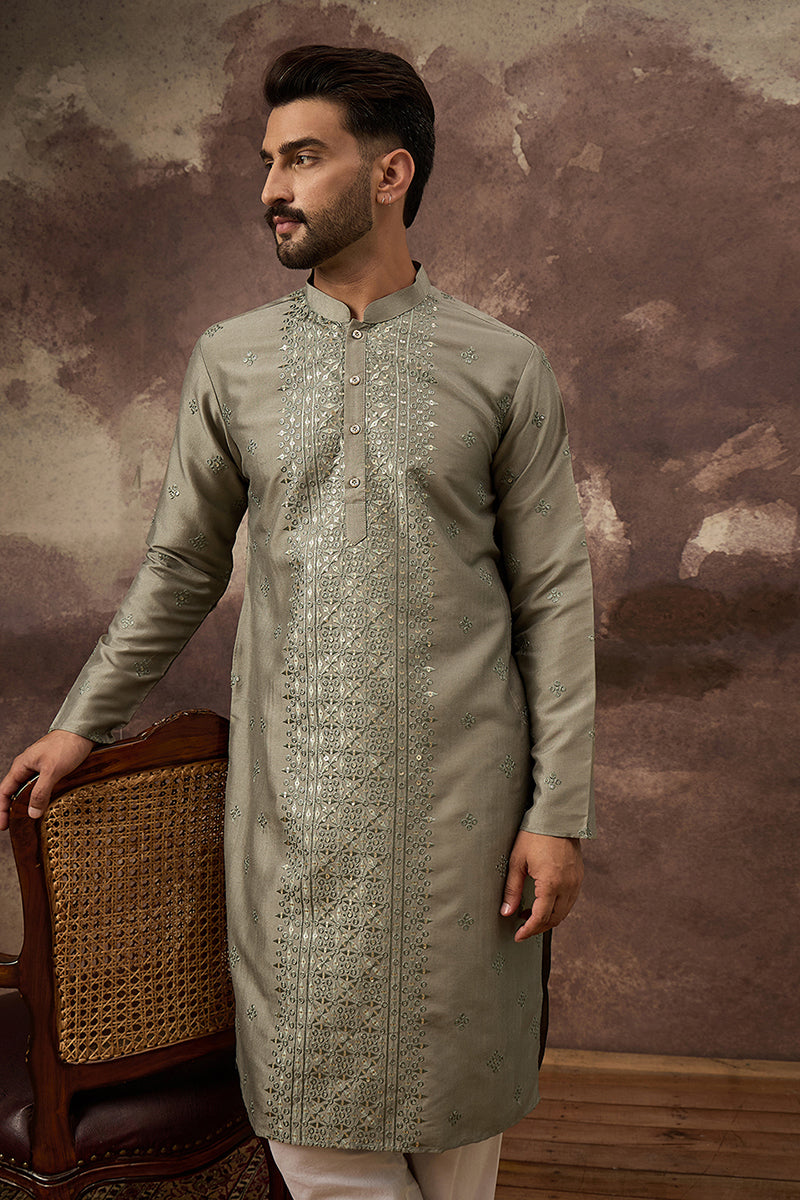 Green Silk Blend Solid Embroidered Straight Kurta with Trouser | Shobitam