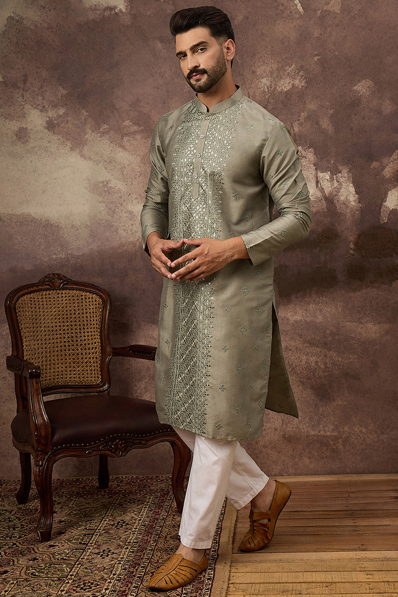 Green Silk Blend Solid Embroidered Straight Kurta with Trouser | Shobitam