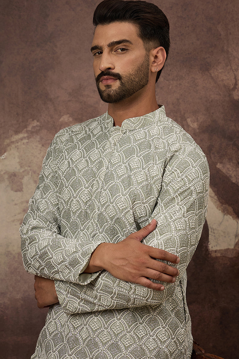 Green Viscose Rayon Solid Embroidered Straight Kurta with Trouser  | SHOBITAM