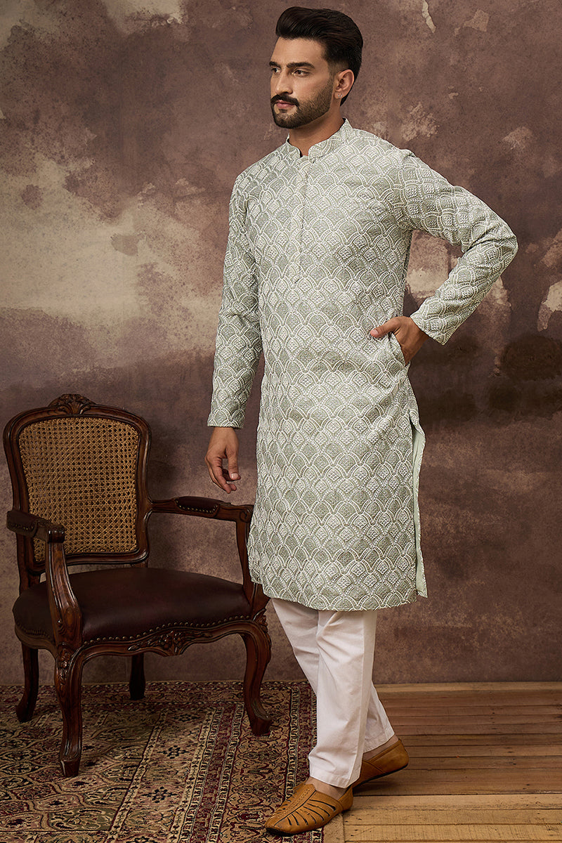 Green Viscose Rayon Solid Embroidered Straight Kurta with Trouser  | SHOBITAM