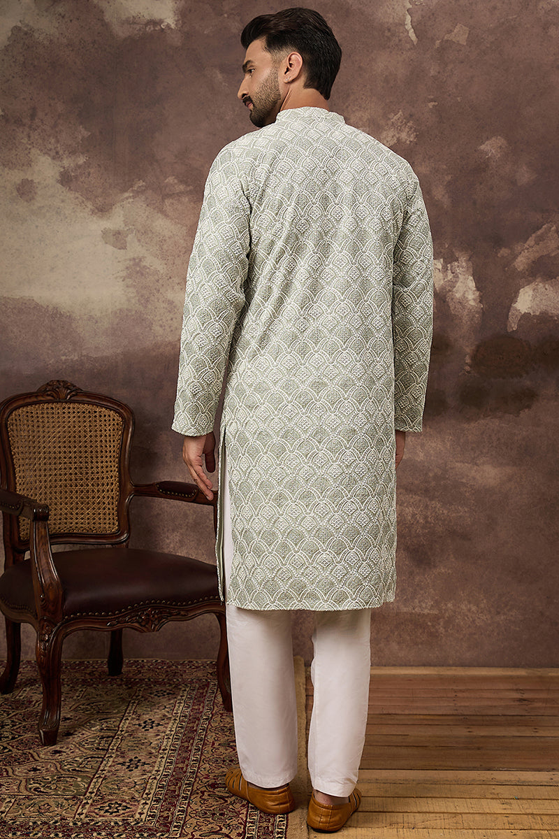 Green Viscose Rayon Solid Embroidered Straight Kurta with Trouser  | SHOBITAM