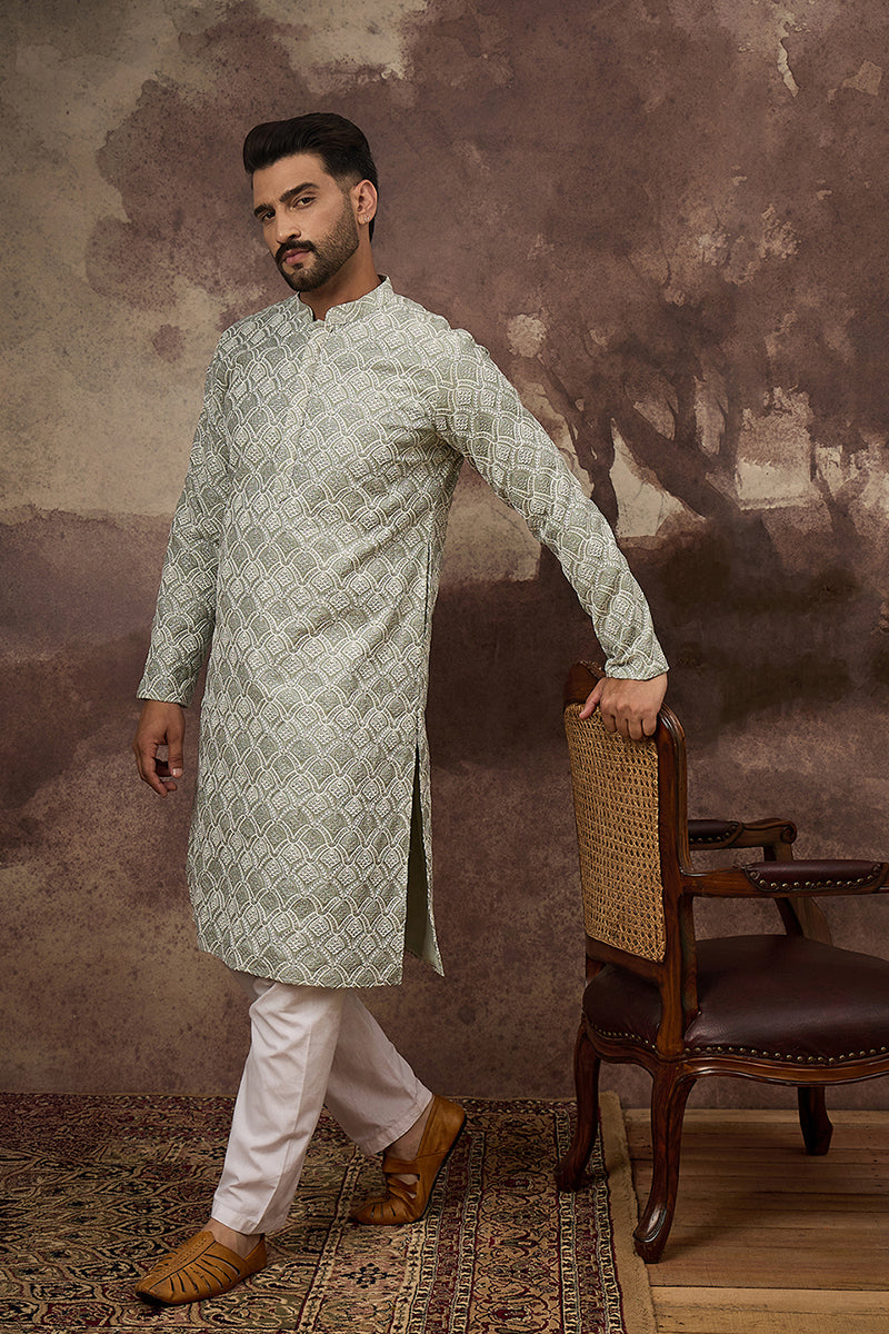 Green Viscose Rayon Solid Embroidered Straight Kurta with Trouser  | SHOBITAM