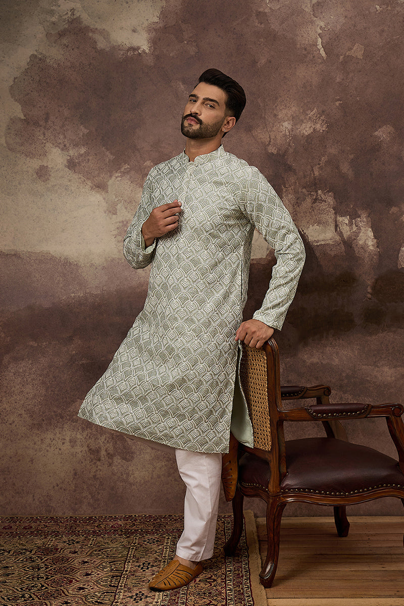 Green Viscose Rayon Solid Embroidered Straight Kurta with Trouser  | SHOBITAM