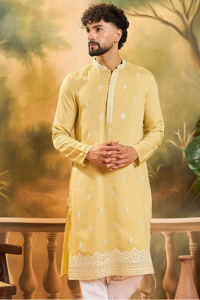 Yellow Silk Blend Solid Embroidered Straight Kurta with Trouser  | SHOBITAM
