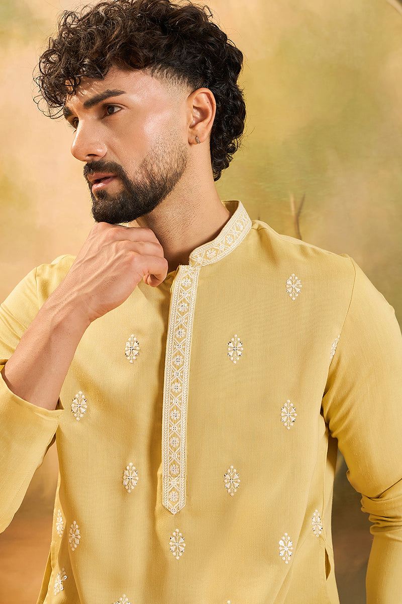 Yellow Silk Blend Solid Embroidered Straight Kurta with Trouser  | SHOBITAM