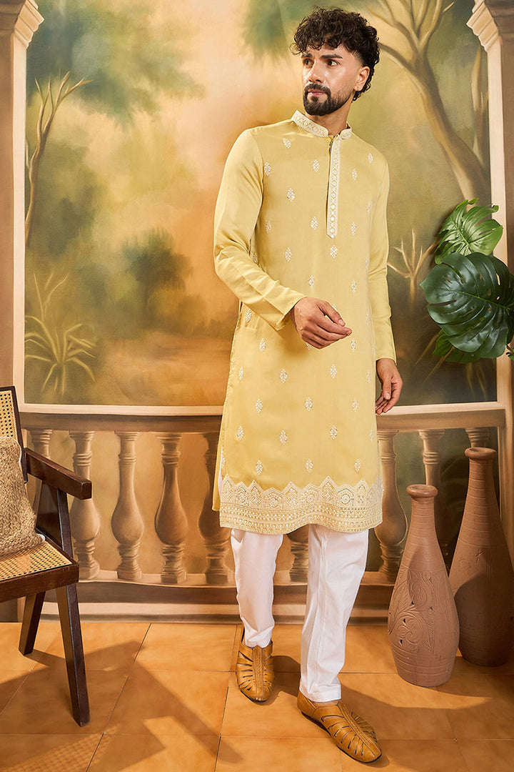 Yellow Silk Blend Solid Embroidered Straight Kurta with Trouser  | SHOBITAM