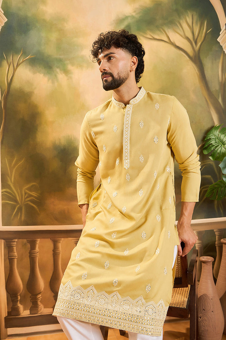 Yellow Silk Blend Solid Embroidered Straight Kurta with Trouser  | SHOBITAM
