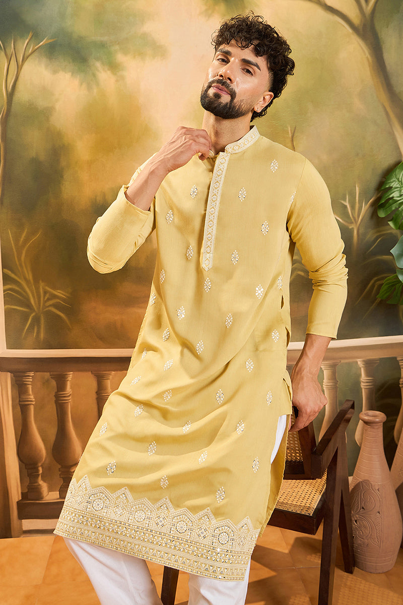 Yellow Silk Blend Solid Embroidered Straight Kurta with Trouser  | SHOBITAM
