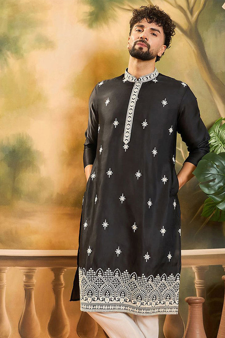 Black Silk Blend Solid Embroidered Straight Kurta with Trouser | Shobitam