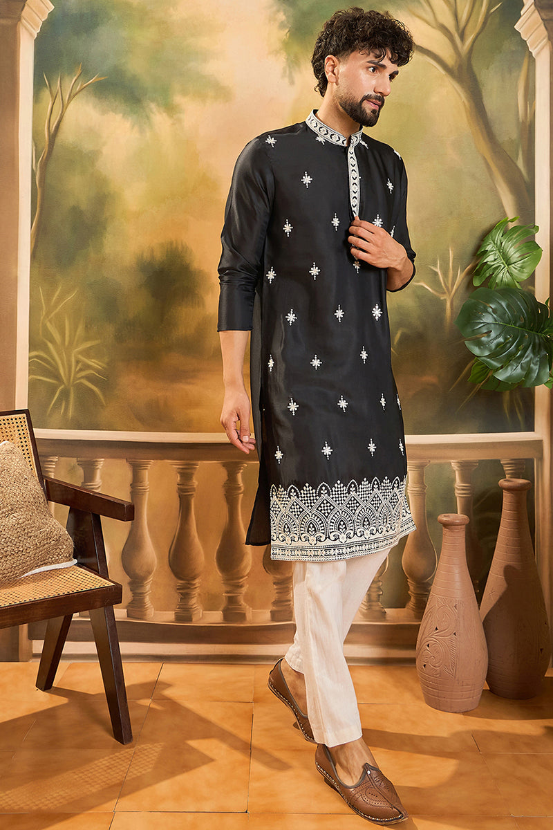 Black Silk Blend Solid Embroidered Straight Kurta with Trouser | Shobitam