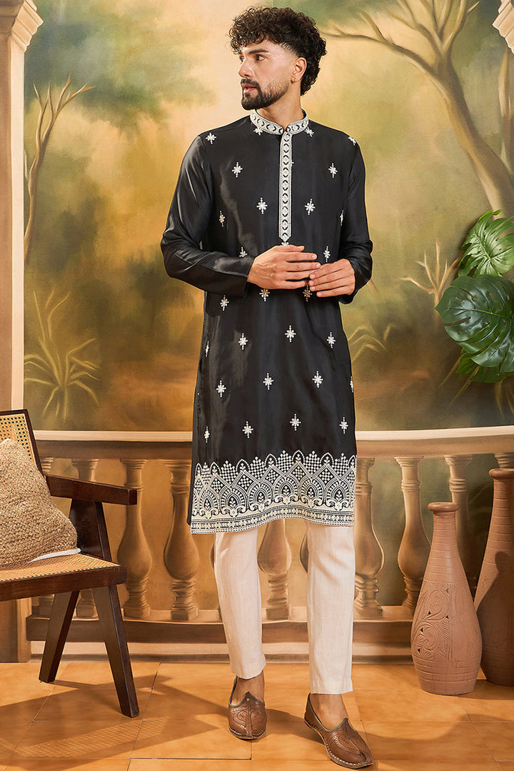 Black Silk Blend Solid Embroidered Straight Kurta with Trouser | Shobitam