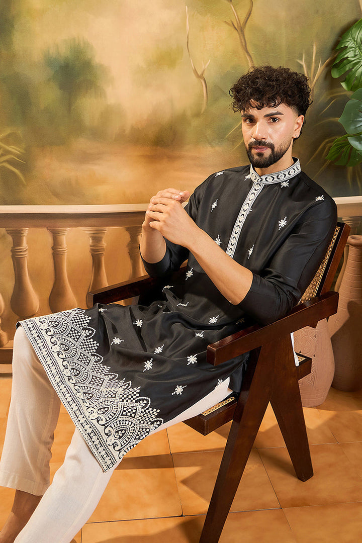 Black Silk Blend Solid Embroidered Straight Kurta with Trouser | Shobitam