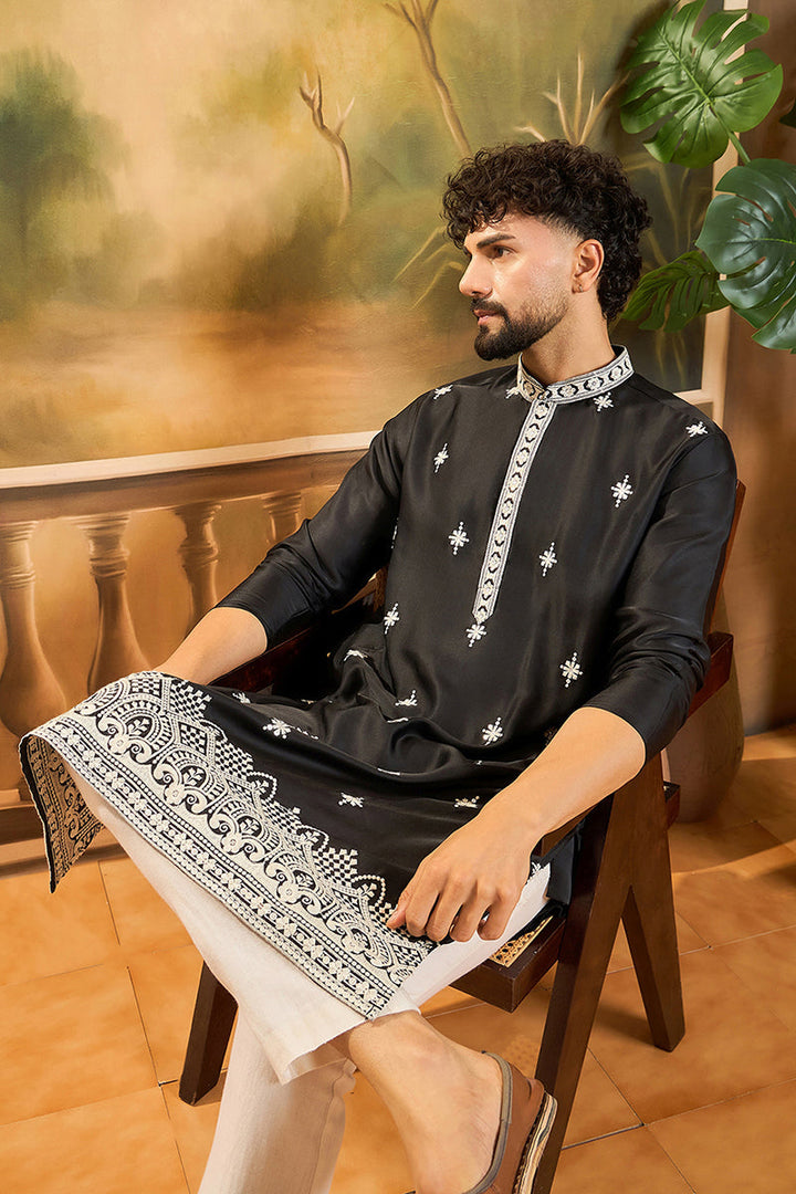 Black Silk Blend Solid Embroidered Straight Kurta with Trouser | Shobitam