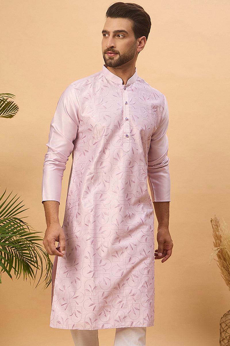 Lavender Silk Blend Solid Embroidered Straight Kurta With Pant Set | SHOBITAM