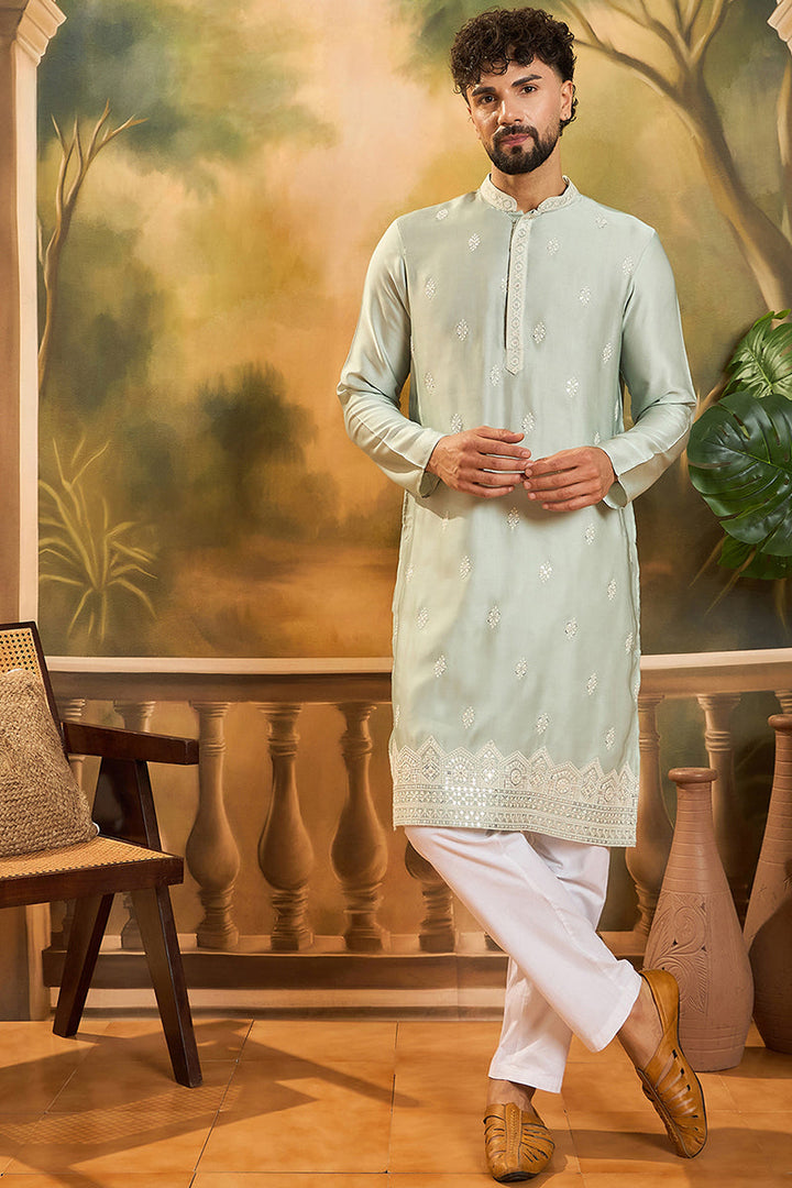 Green Silk Blend Solid Embroidered Straight Kurta with Trouser | SHOBITAM