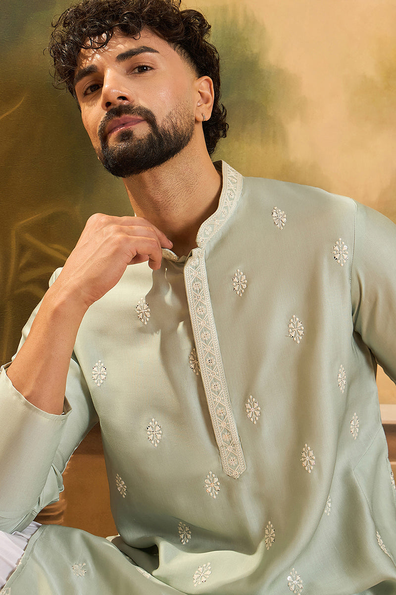 Green Silk Blend Solid Embroidered Straight Kurta with Trouser | SHOBITAM