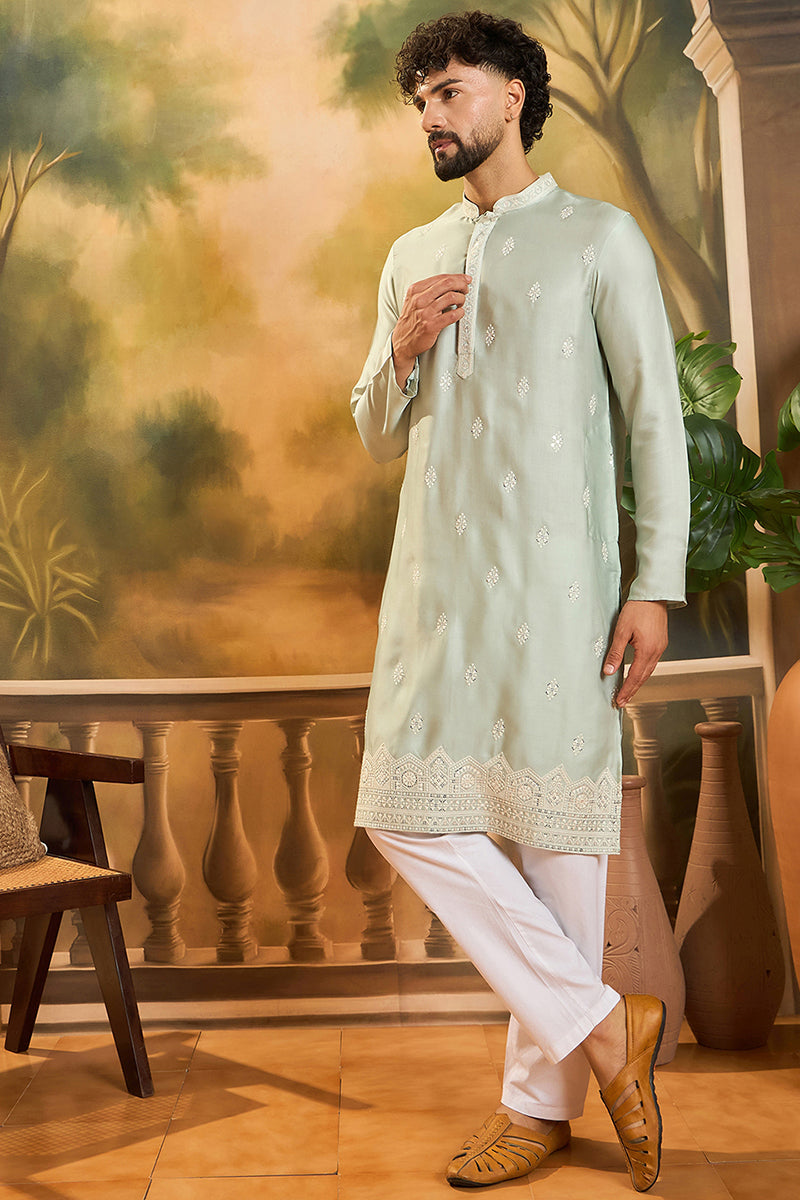 Green Silk Blend Solid Embroidered Straight Kurta with Trouser | SHOBITAM