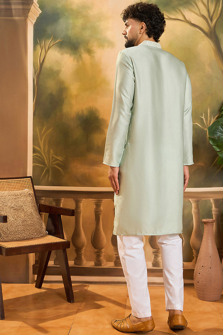 Green Silk Blend Solid Embroidered Straight Kurta with Trouser | SHOBITAM