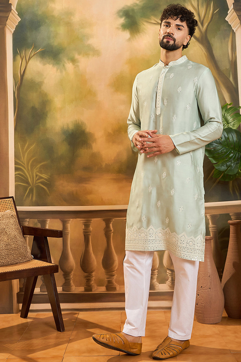 Green Silk Blend Solid Embroidered Straight Kurta with Trouser | SHOBITAM