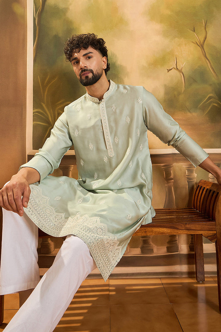 Green Silk Blend Solid Embroidered Straight Kurta with Trouser | SHOBITAM