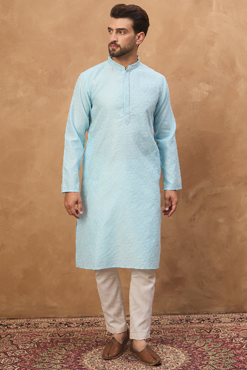 Blue Silk Blend Solid Embroidered Straight Kurta With Pant Set | SHOBITAM