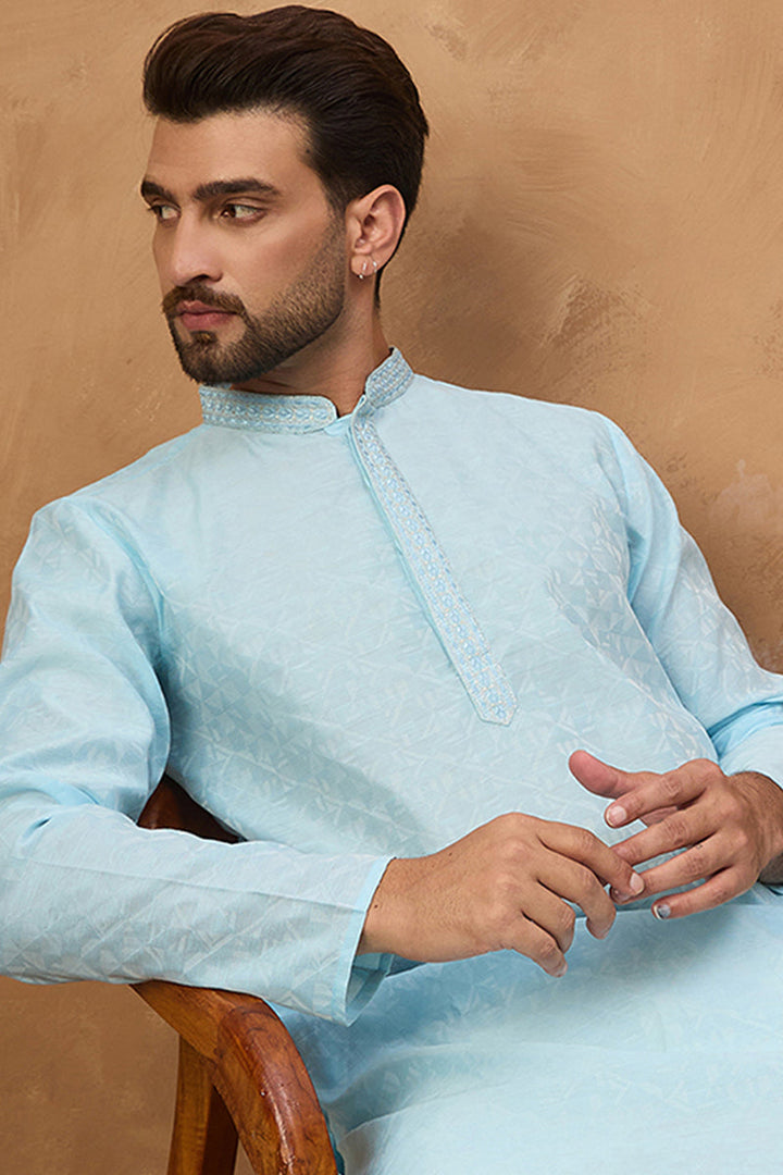 Blue Silk Blend Solid Embroidered Straight Kurta With Pant Set | SHOBITAM