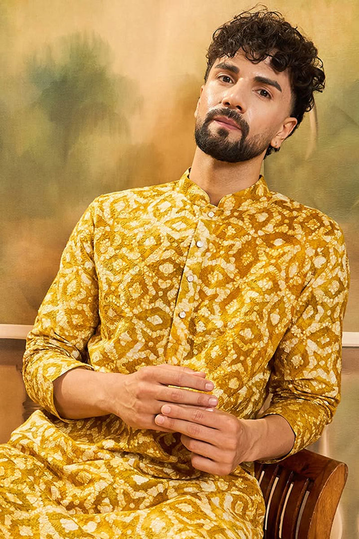Yellow Pure Cotton Shibori Embroidered Straight Kurta with Trouser | SHOBITAM