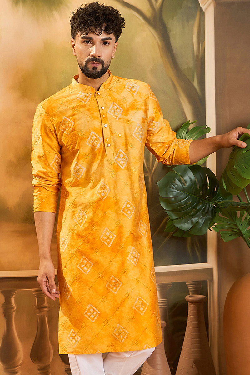 Orange Silk Blend Batik Embroidered Straight Kurta with Trouser | SHOBITAM