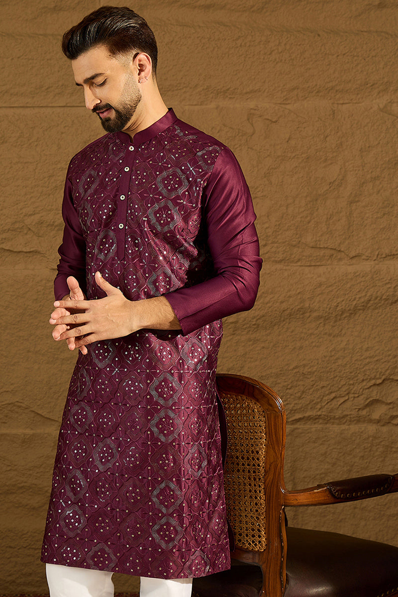 Purple Silk Blend Solid Embroidered Straight Kurta with Trouser | SHOBITAM