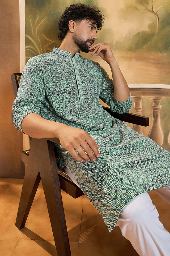 Green Viscose Rayon Shibori Embroidered Straight Kurta with Trouser  | SHOBITAM