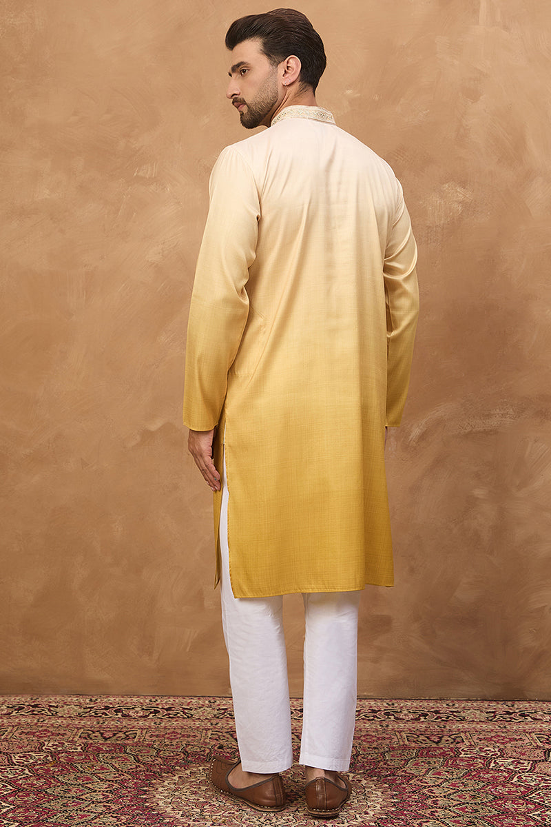 Yellow Silk Blend Solid Embroidered Straight Kurta With Pant Set | SHOBITAM
