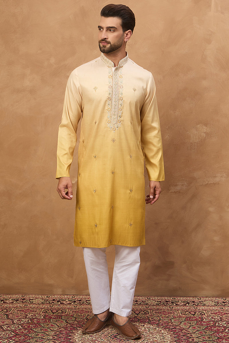 Yellow Silk Blend Solid Embroidered Straight Kurta With Pant Set | SHOBITAM
