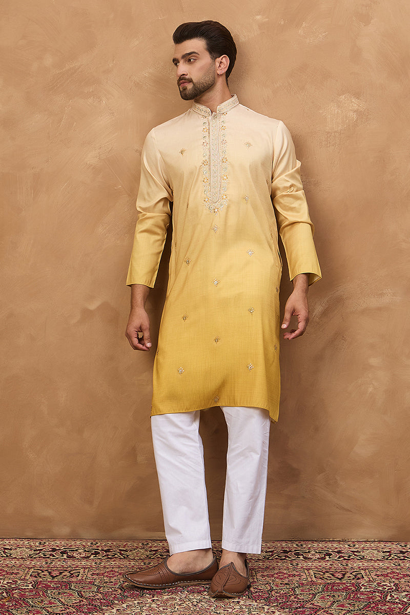 Yellow Silk Blend Solid Embroidered Straight Kurta With Pant Set | SHOBITAM