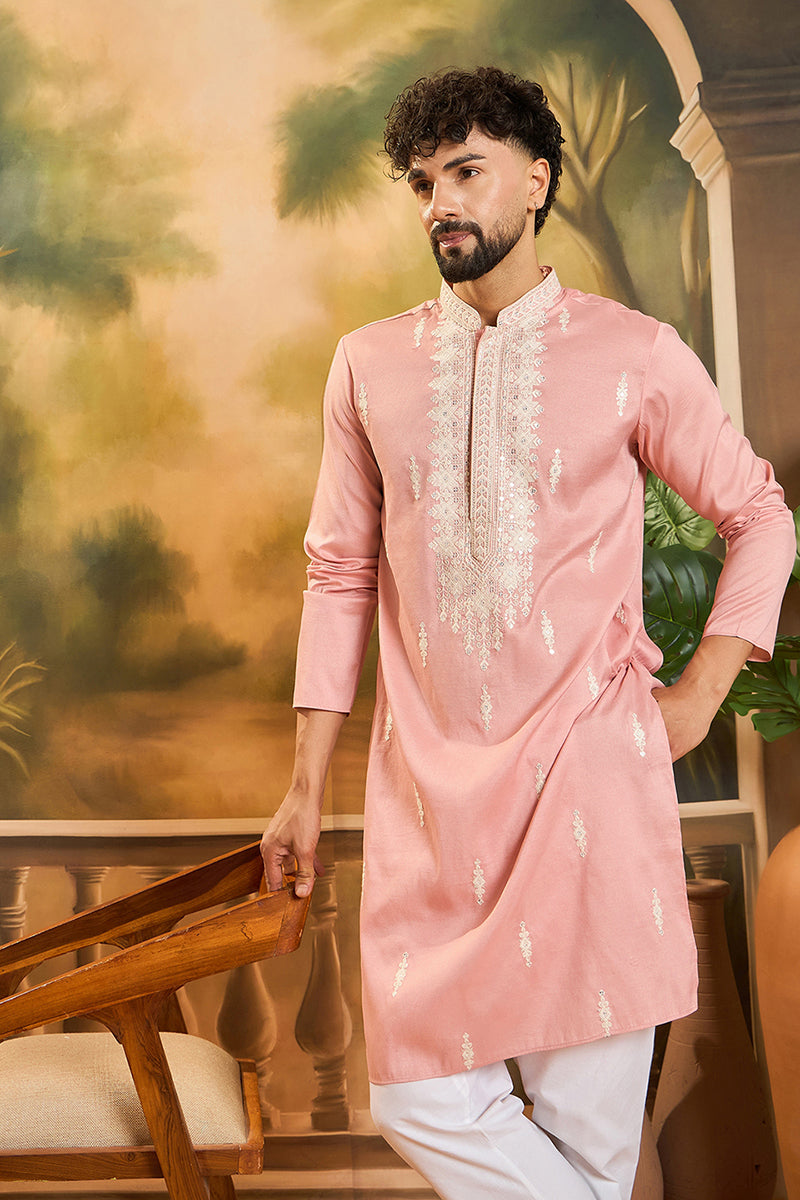 Peach Silk Blend Solid Embroidered Straight Kurta with Trouser | SHOBITAM