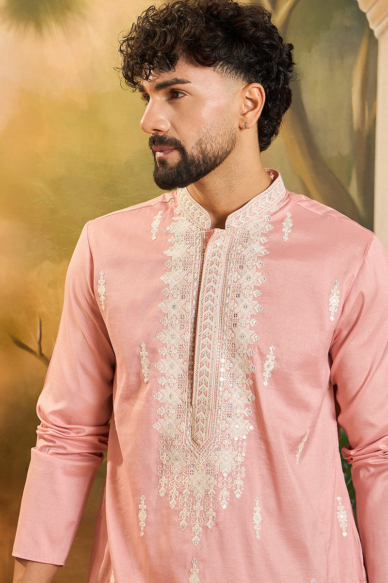 Peach Silk Blend Solid Embroidered Straight Kurta with Trouser | SHOBITAM