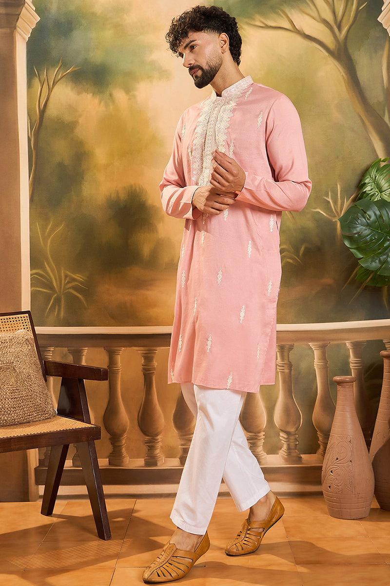 Peach Silk Blend Solid Embroidered Straight Kurta with Trouser | SHOBITAM