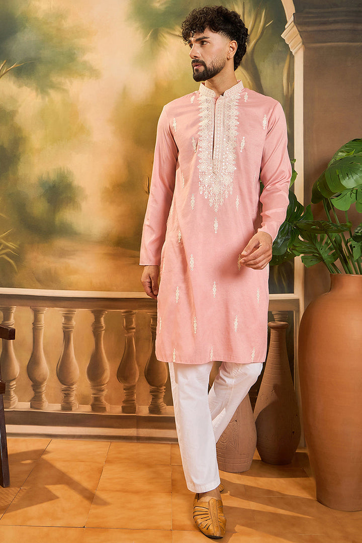 Peach Silk Blend Solid Embroidered Straight Kurta with Trouser | SHOBITAM