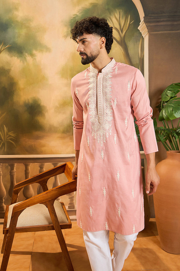 Peach Silk Blend Solid Embroidered Straight Kurta with Trouser | SHOBITAM