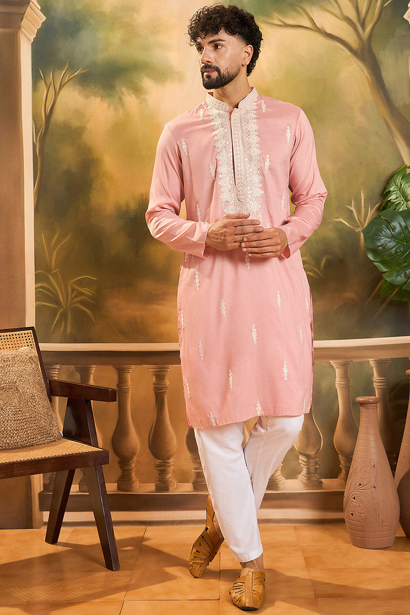 Peach Silk Blend Solid Embroidered Straight Kurta with Trouser | SHOBITAM