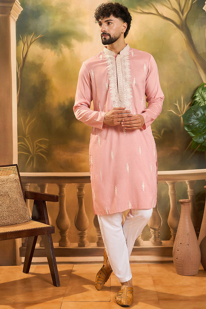 Peach Silk Blend Solid Embroidered Straight Kurta with Trouser | SHOBITAM