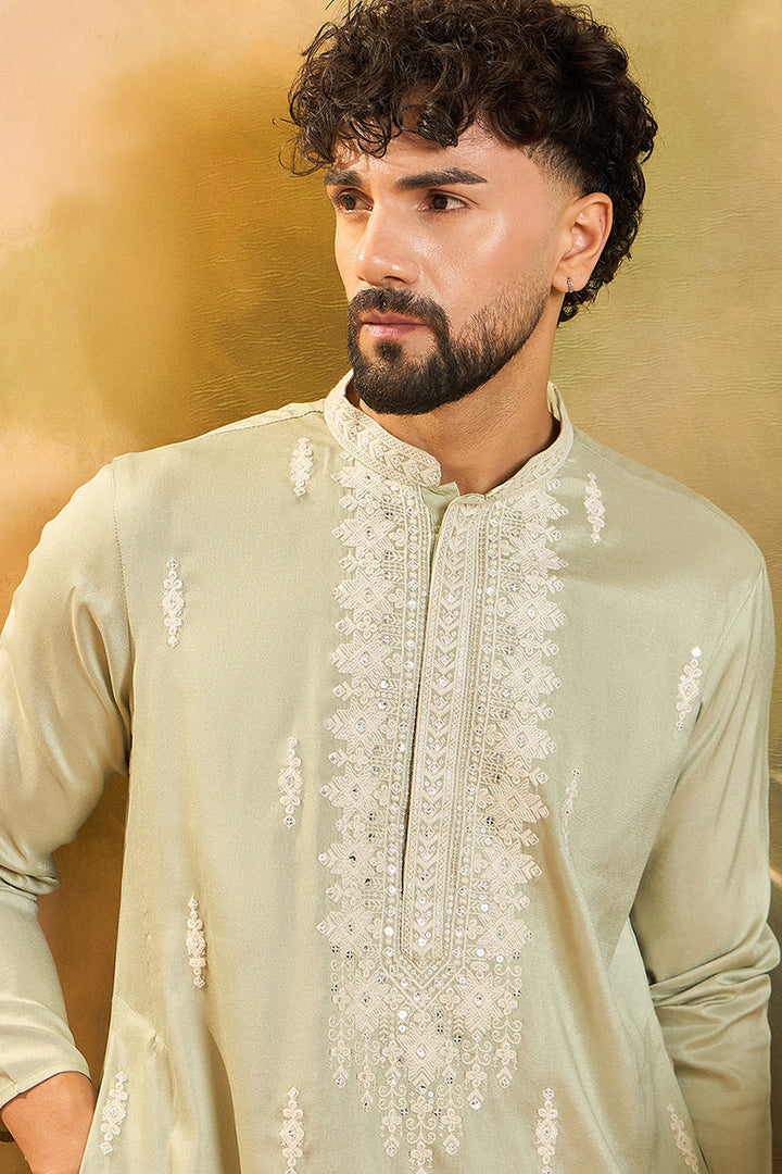 Green Silk Blend Solid Embroidered Straight Kurta with Trouser  | SHOBITAM