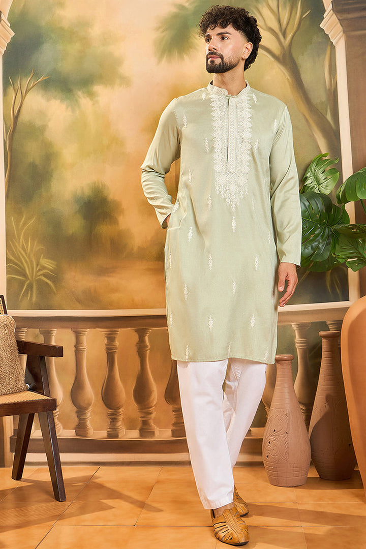 Green Silk Blend Solid Embroidered Straight Kurta with Trouser  | SHOBITAM