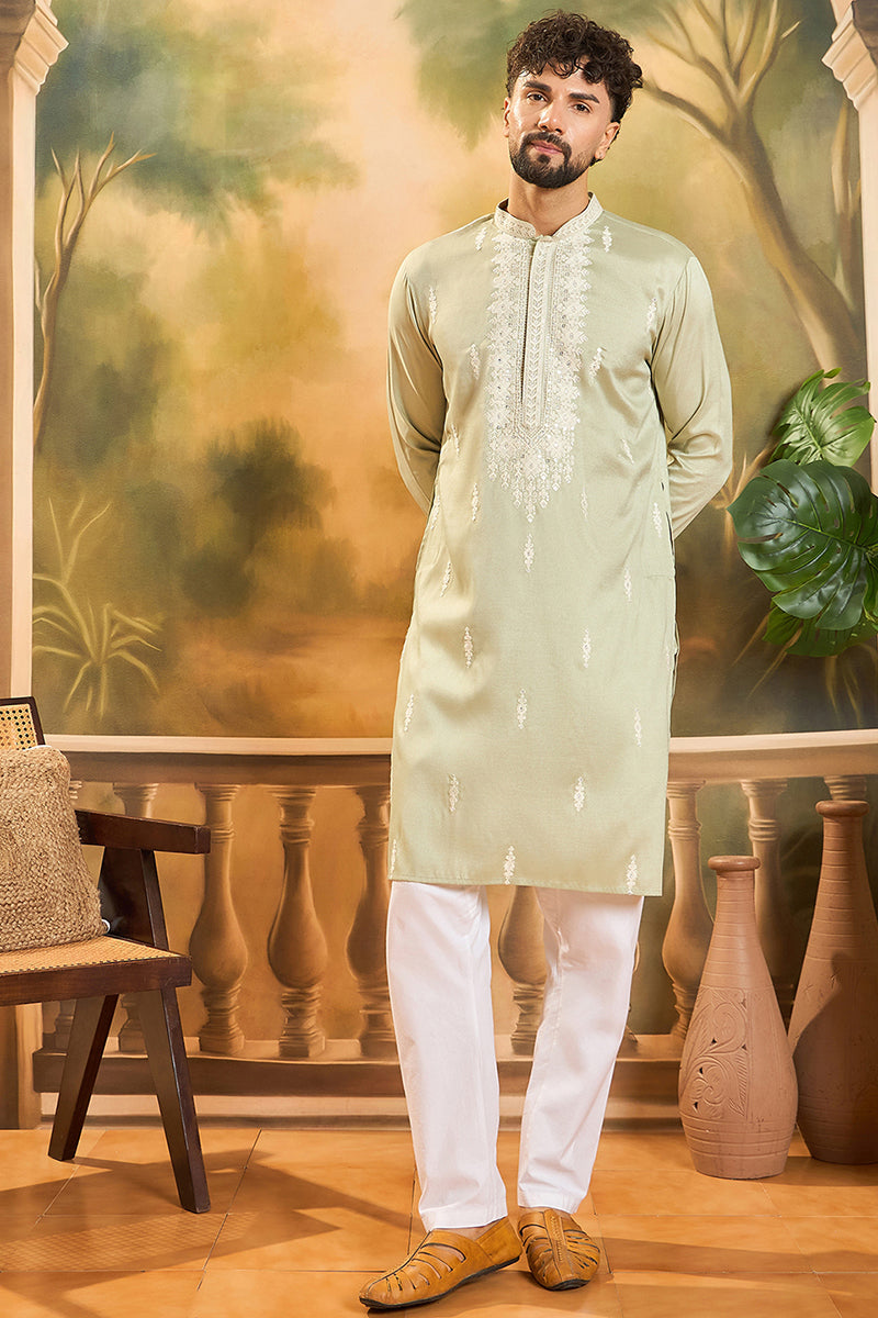 Green Silk Blend Solid Embroidered Straight Kurta with Trouser  | SHOBITAM