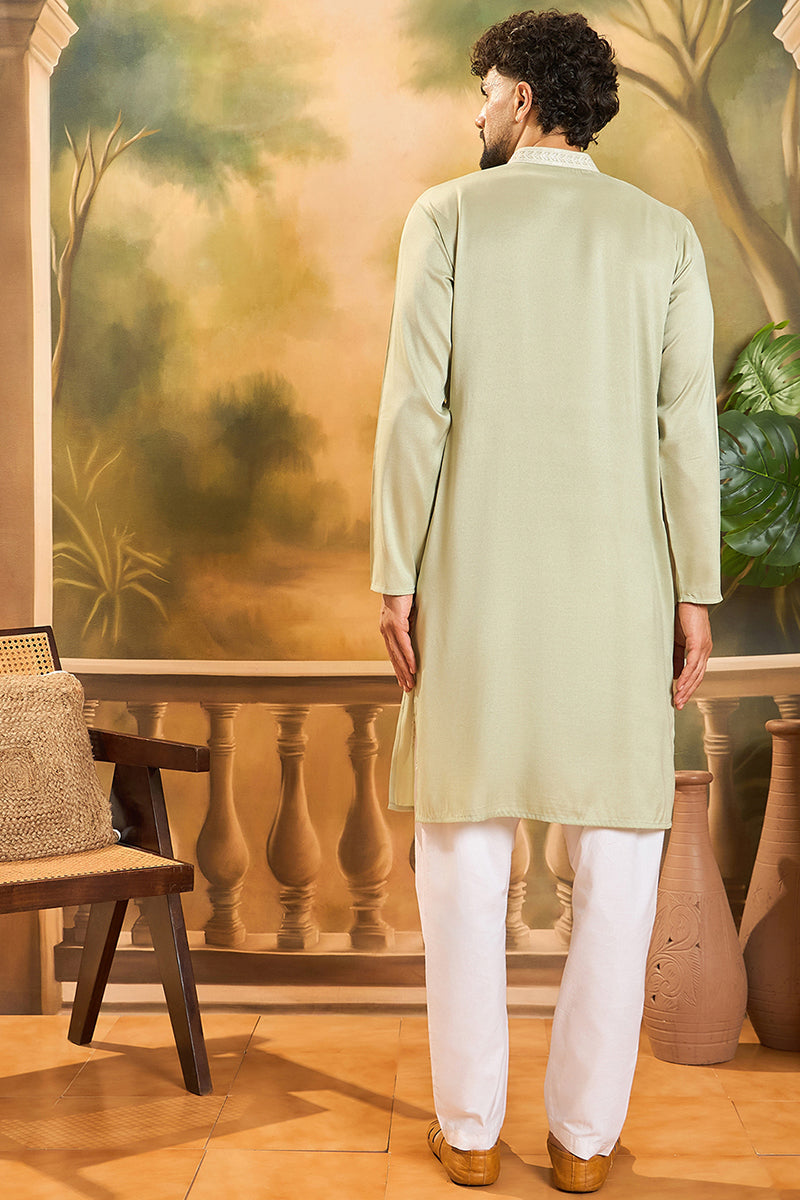 Green Silk Blend Solid Embroidered Straight Kurta with Trouser  | SHOBITAM