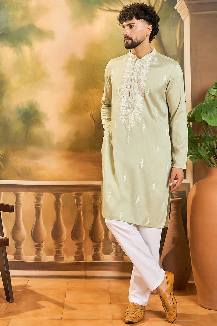 Green Silk Blend Solid Embroidered Straight Kurta with Trouser  | SHOBITAM